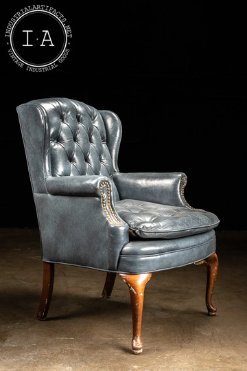 Vintage Tufted Leather Wingback Chair in Blue