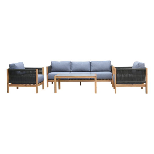 4 Piece Wood and Rope Outdoor Sofa Set, Gray and Brown
