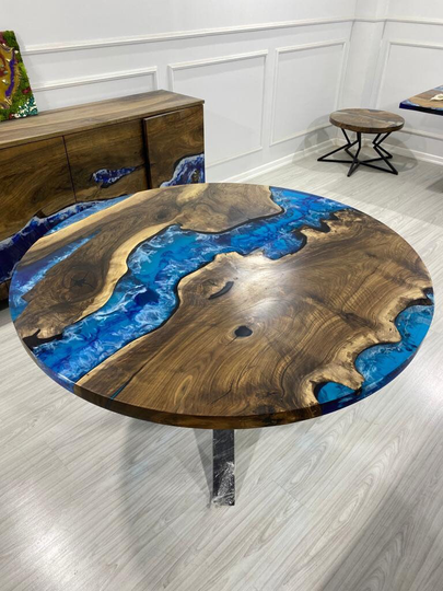 Round Dining Table, Custom 55" Diameter Walnut Wood Blue, Turquoise, White Waves Epoxy Order For Adrienne