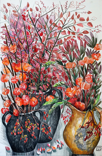 Original Drawing, Flower Drawing, Still Life Drawing in A Big Size Of Paper "Autumn Vases" 102x67cm, 2021, Pencil