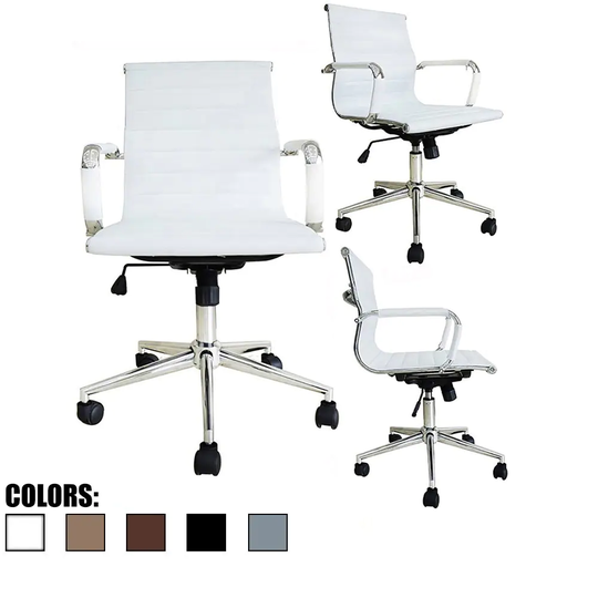 (RETIRED) White Modern Ergonomic Mid Back PU Leather Executive Office Chair Ribbed Swivel Tilt Conference Room Boss Home