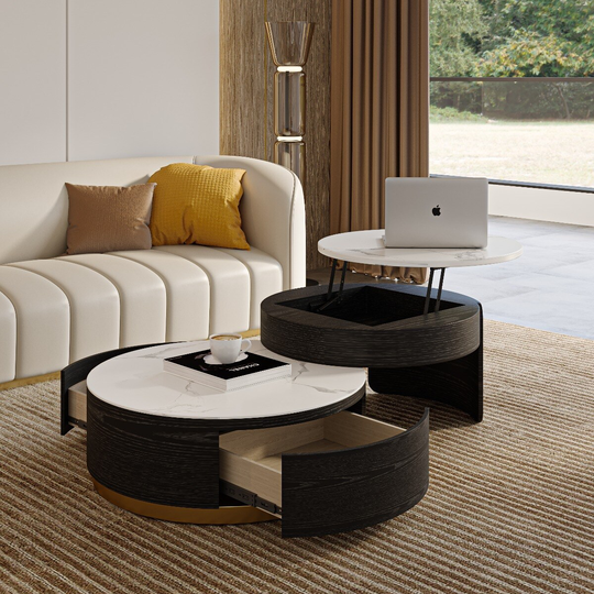 Lift-Top Modern Nesting Coffee Table Set Of 2, White Sintered Stone Coffee Table Set, Fully-Assembled, 31.5", End Tables