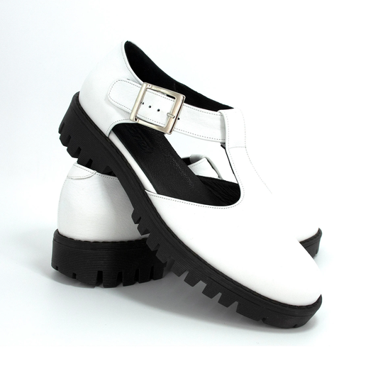T-Bar Strap Chunky Sole Mary Jane, Black & White Pumps, Leather Shoes Women Flats, Slip On Shoes, White Platform