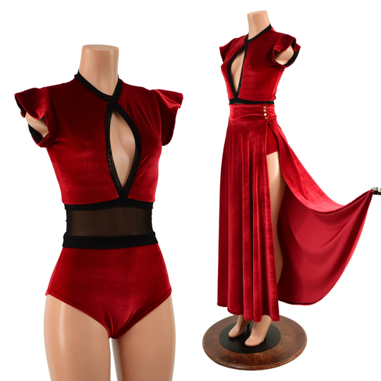 Red Velvet & Black Mesh Romper & Breakaway Skirt Set Emk1579116