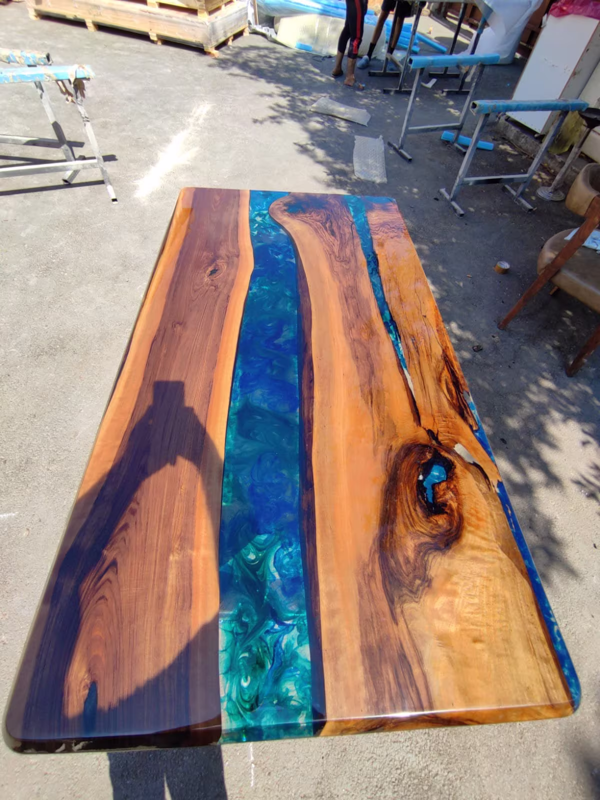 Walnut Dining Table, Epoxy Resin Custom 65" X 36" Shiny Blue, Turquoise, Green For Joshua