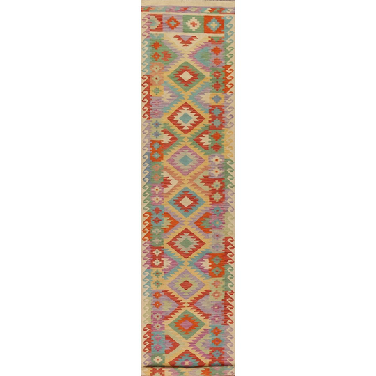Geometric Kilim Oriental Multi-Color Runner Rug Hand-woven Wool Carpet - 2'7"x 16'5"