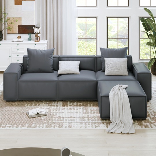 2 Pieces L Shaped Sectional Sofa Artificial Leather Upholstered Sofa Chaise with Removable Ottomans and 2 Comfortable Pillows