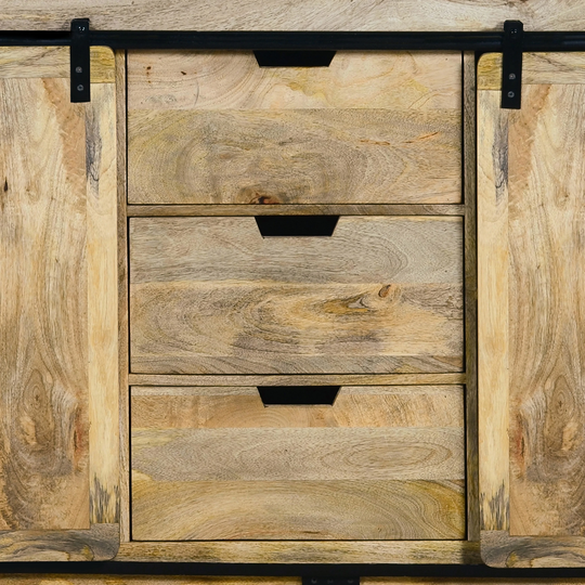 59 Inch 3 Drawer Wooden Sideboard with Barn Style 2 Sliding Doors,Brown and Black