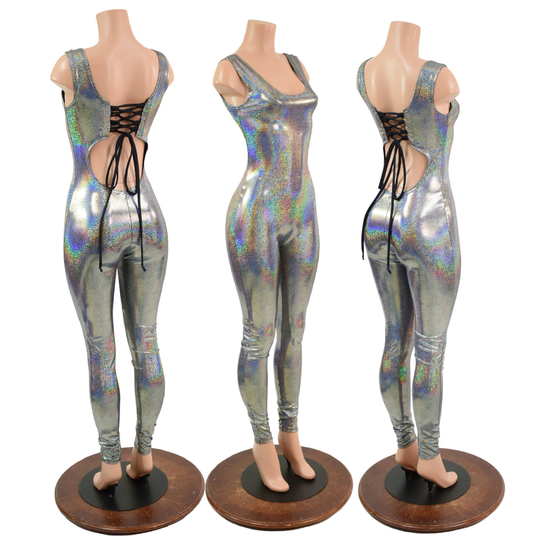 Silver Holographic Strappy Back Tank Catsuit With Smooth Black Spandex Ties 157829