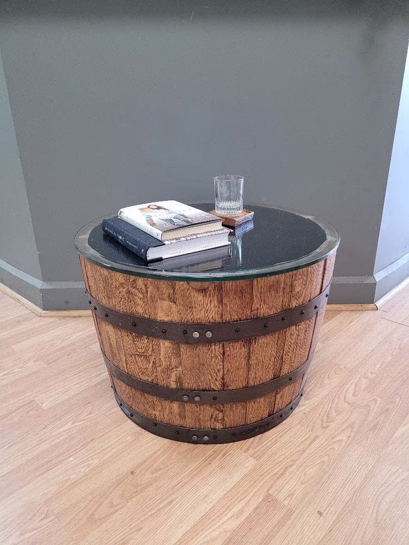 Real Half Whiskey Barrel Coffee Table-End Table C/Glass Top-Free Shipping