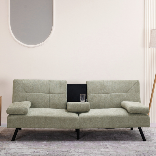 Loveseat Fabric Upholstered Pillow Top Arms Sofa Convertible Futon Sofa Bed, Manual Recline Backrest Couches for Living Room