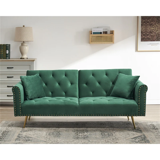 EYIW Green velvet nail head sofa bed Loveseat Sofa with throw pillow and midfoot