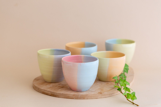 Hand Painted Ceramic Cups - Colorful Pastel Bohemian Kitchen Decor Unique Wedding Gifts Modern Minimalist