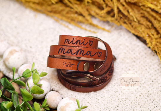 Genuine Veg Tan Leather Bracelet, Mama Mini Engraved Bracelets, Custom Skinny Personalized Bracelets