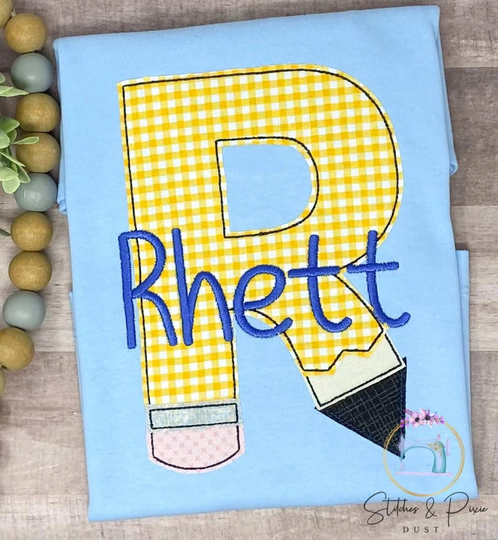 Boys Gingham Pencil Back To School Shirt/Letter With Fabric/Monogram Blue Shirt/Personalized Applique Shirt/Embroidered Shirt