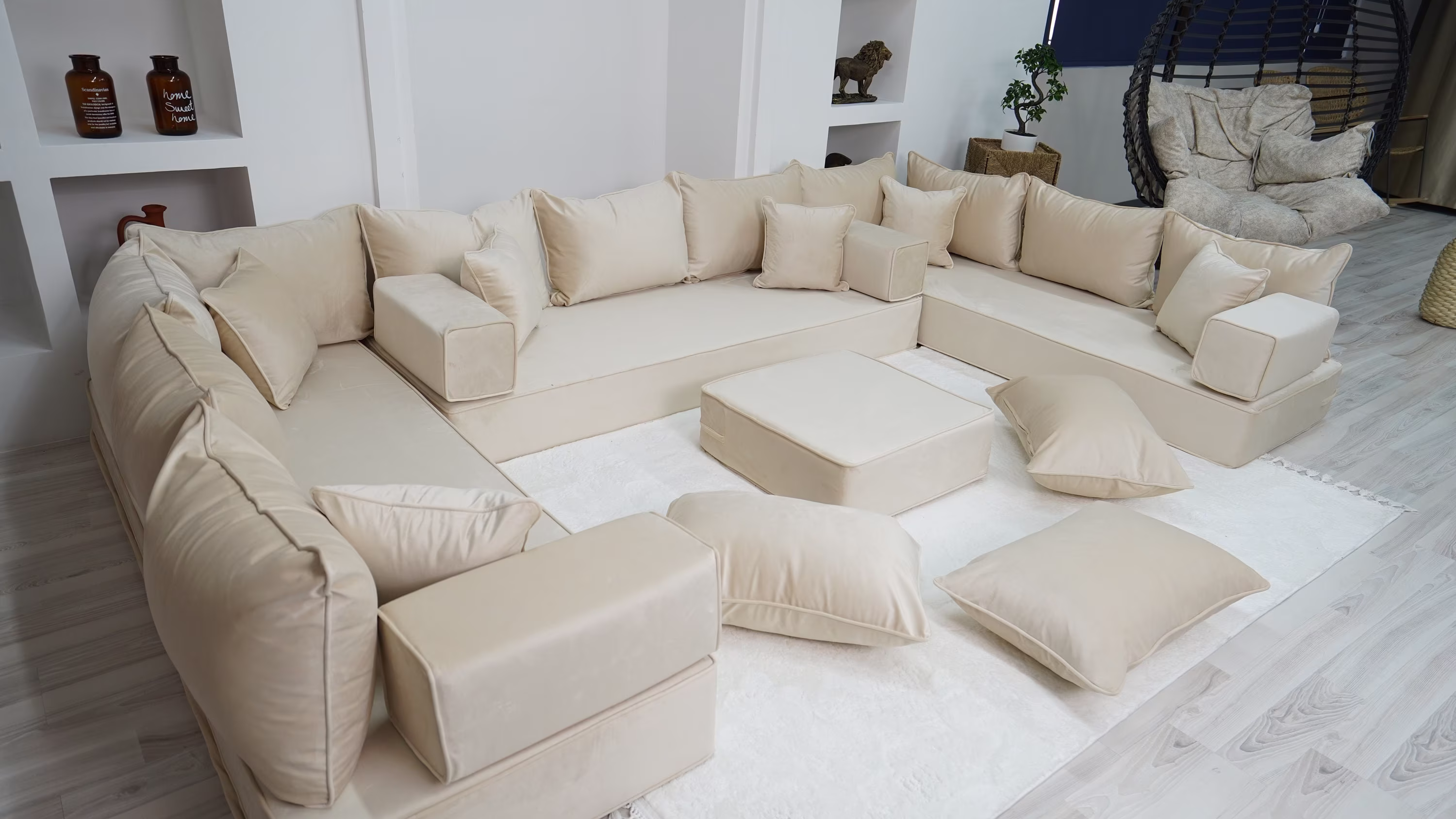 8" Thickness Velvet Beige Color U Shaped Floor Seating Sofas, Moroccan Home Decor Furniture, Sectional Modern Livingroom Couch