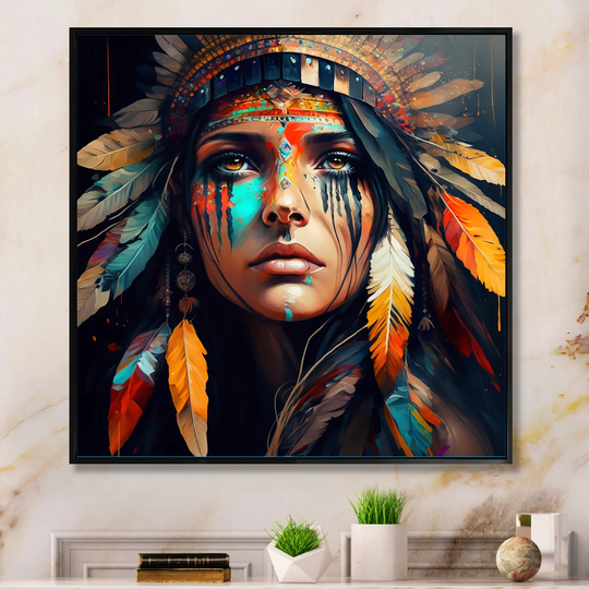 Designart 'Colorful Native American Woman III' Contemporary Glam Framed Canvas Art Print