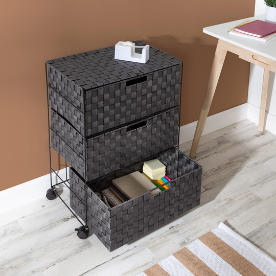 Black and White Woven and Steel 3-Drawer Rolling Organizer
