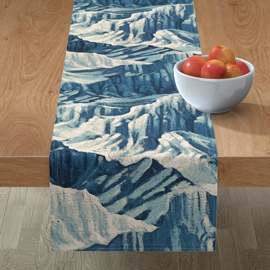 Vintage Landscape Table Runner - Snowy Mountains By Chicca Besso Cream Blue Abstract Nature Cotton Sateen Spoonflower