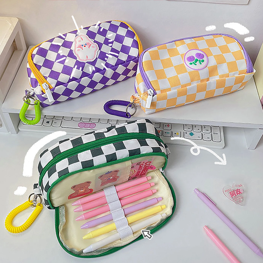 Checkerboard Cartoon Canvas Pencil Case, Kawaii Case, Large-Capacity Case Stationery Bag, Multi-Layer Case, School Supplies