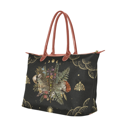 Dragonfly Of Crescent Moon Forest Witchcraft Handbag, Witchy Boho Zip Tote, Pagan Witch Occult Aesthetic Bag Clothing Shoulder
