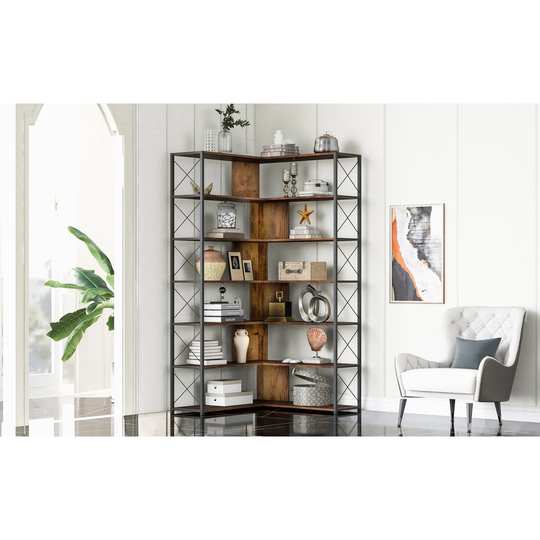 7-Tier Bookcase Home Office Bookshelf, L-Shaped Corner Bookcase with Metal Frame, MDF Board - 37.4*37.4*709