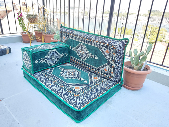 Green Loveseats, Arabic Sofa Floor Seating Set, Majlis, Pallet Sofa, Cushion, Turkish Pillows
