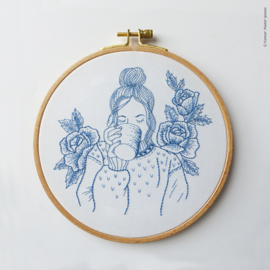 Modern Hand Embroidery Kit | 6 Inch | 15 cm Nursery Decor Hoop Art Pattern By Tamar Nahir - Yanai Blue Floral Lady