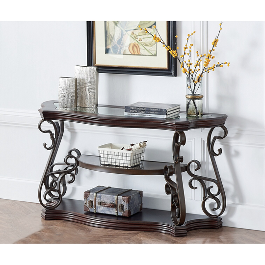 Sofa Table, Glass table top, MDF W/marble paper middle shelf, powder coat finish metal legs