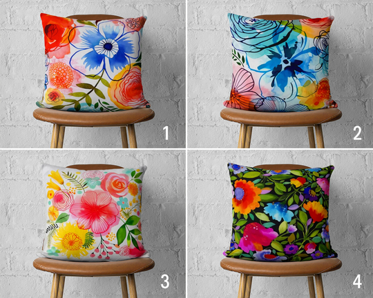 Vibrant Flowers Pillow Covers, Colorful Bright Colors Floral Cushion Cover, Summer Lumbar Case, Housewarming Gift