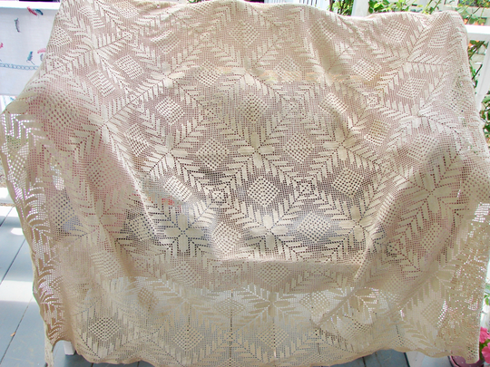Early Vintage Crocheted Taupe Table Cover, Tablecloth, Elegant Dining, Tableware