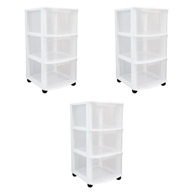 Gracious Living Clear 3 Drawer Storage Chest System With Casters, White (3 Pack)