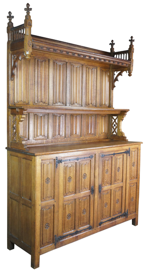 Antique French Oak Gothic Revival Vaisselier Bar Cupboard Sideboard Hutch Linen Fold 92"