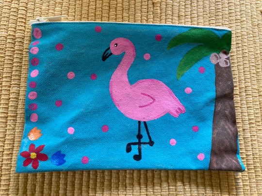 Hand Painted Tropical Pink Flamingo Bag Pencil Pouch With Palm Trees