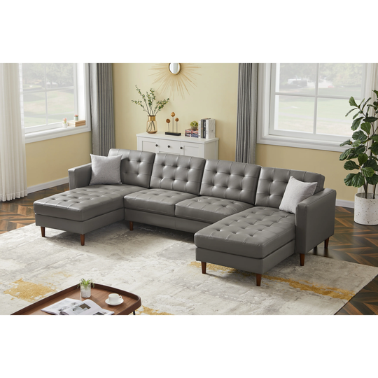 U-shaped Sofa Tech PU Leather Sponge Upholstered Sectional Sofa Tufted Backrest Chaise with Two Throw Pillows Solid Wood Legs