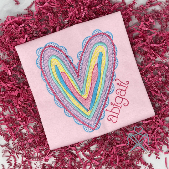 Valentines Stitchy Colorful Heart Shirt, Girl Valentine Day Ruffle Outfit, Monogrammed Shirt