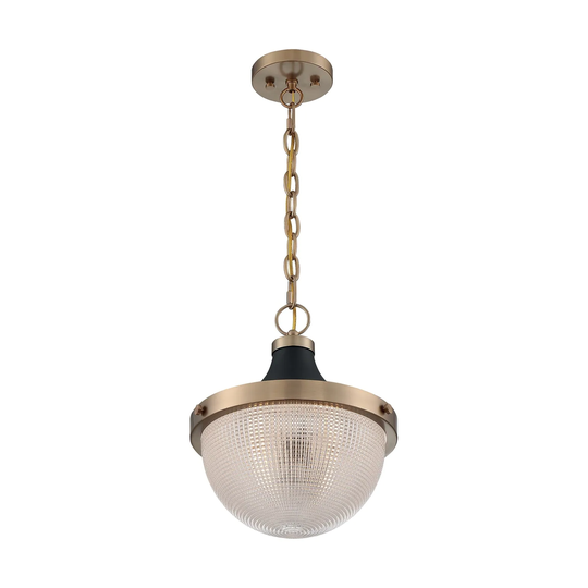 Faro 1-Light Large Pendant Fixture - Burnished Brass Finish with Black Accents Clear Prismatic Glass