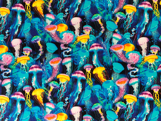 Luminuous Jellyfish Dancing Navy Blue Quilting Cotton Fabric By 1/2 Yard Or Fat Quarter, Under The Sea Creature