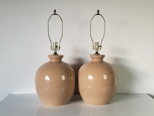 Vintage Beige Glaze Stoneware Table Lamps - A Pair