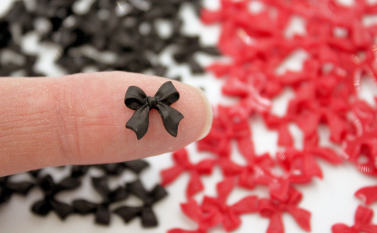 Bows - Micro Red Or Black Polyresin For Miniature Model Crafts, Tiny Dolls, Scrapbooking, Nail Art & More Set Of 12, 24 48