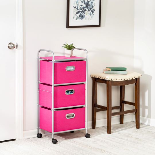 Pink Fabric and Steel 3-Drawer Storage Cart