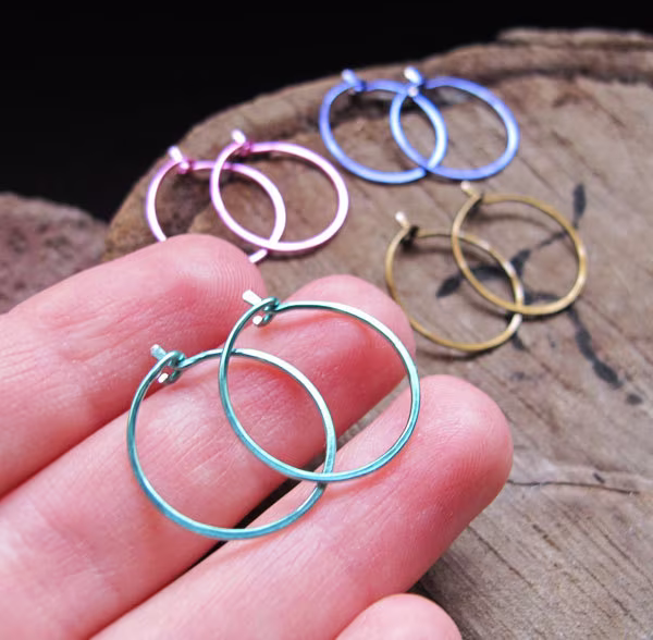 Assorted Colors Small Hoop Earrings 15mm, 20mm, 25mm - Pink, Bronze, Blue, Turquoise Fancy Hoops. Everyday Earrings