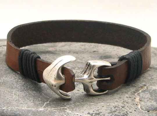 Gift For Him, Men Anchor Bracelet, Brown Leather Nautical Men's Bracelet With Silver Plated Clasp, Valentines Day Gift