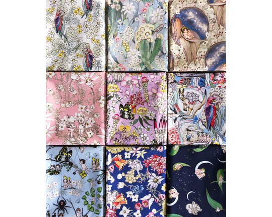 Bundle Of May Gibbs Gumnut Babies Adventures Floral Quilting Organic Cotton Fabric By Fat Quarter Or 1/2 Yard, Australian Children