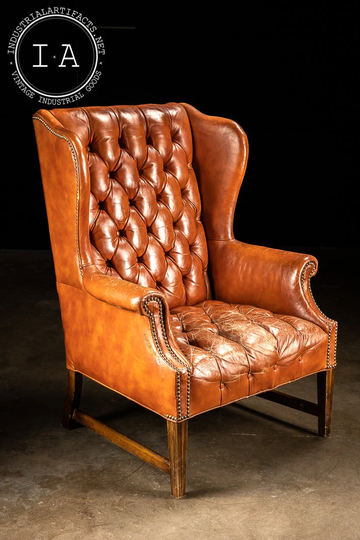 Vintage Tufted Leather Wingback Chair in Burnt Orange