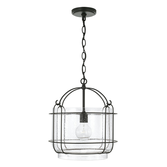 Harmon 14.25" 1-light Matte Black Pendant w/ Clear Seeded Glass & Outer Cage