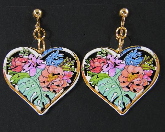 Colorful Heart Flower Clip On Earrings, Multi-Color Floral Leaf Dangle Gardening Gift For Gardner Nature Lover |Ec6-25