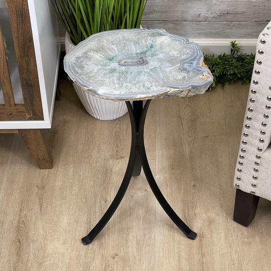 Natural Brazilian Agate Side Table, Single Slice On A Black Metal Base, 22" Tall #1305-0121 By Brazil Gems