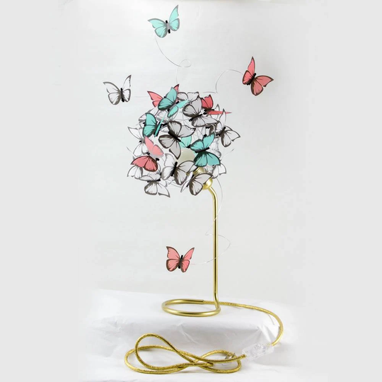 Modern Design Bedside Lamp in Gold & White, Unique Golden Table With Paper Butterflies Bold Colors, Whimsical Decor Butterfly Lover