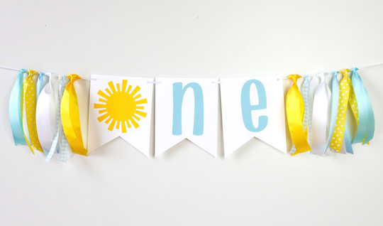 Skip Sunshine High Chair Banner - My Blue Yellow First Birthday Smash Cake Baby Boy Sun